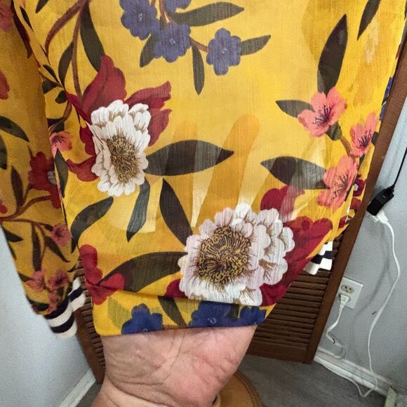 French Connection Eloise Floral Print Striped Trim Sheer Blouse Top Size 12 - Picture 8 of 11